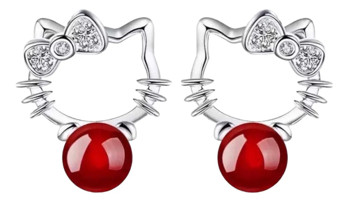 Aros Hello Kitty Plata Esterlina - Diseño Redondo