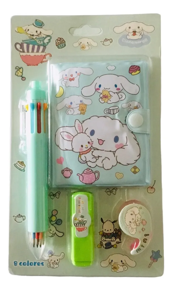 Set Sanrio Libreta + Lápiz Multicolor + Destacador y Porta Scotch