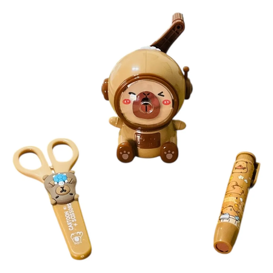 Set Escolar Sacapuntas Grande Tijeras Goma Capibara