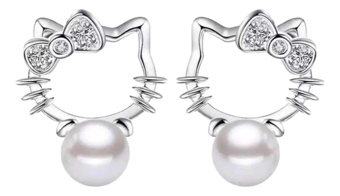 Aros Hello Kitty Plata Esterlina - Diseño Redondo