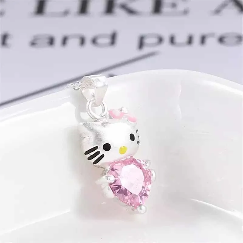 Collar Hello Kitty Corazón Bañado en Plata con Circón