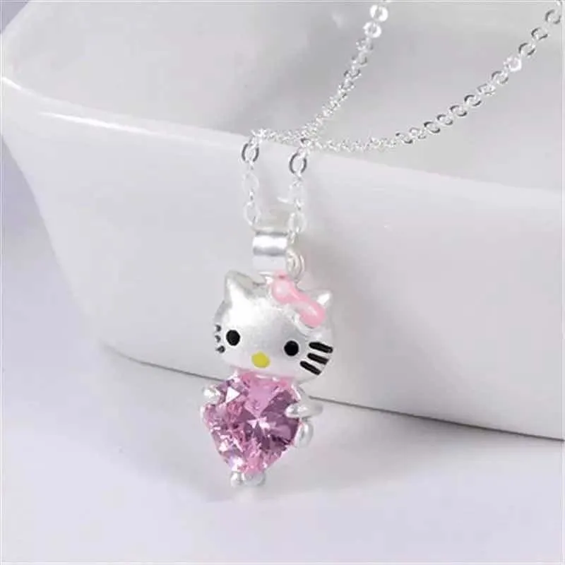 Collar Hello Kitty Corazón Bañado en Plata con Circón