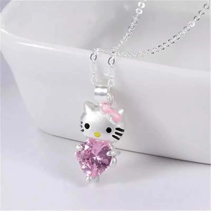 Collar Hello Kitty Corazón Bañado en Plata con Circón