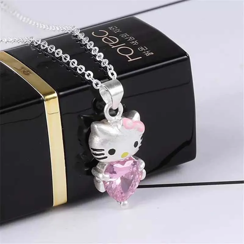 Collar Hello Kitty Corazón Bañado en Plata con Circón