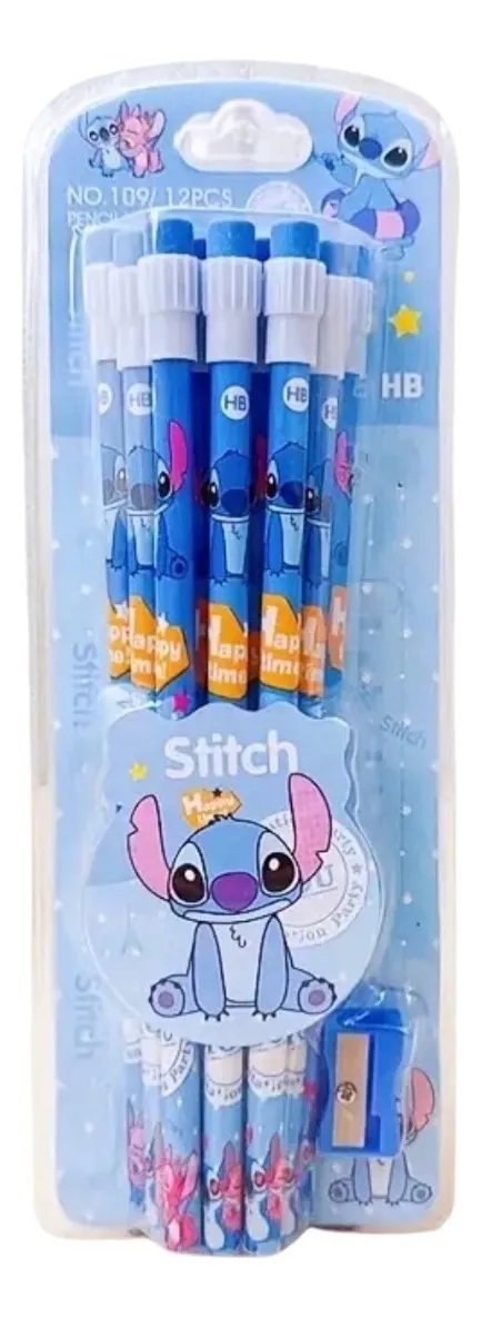 Set 12 Lápices Grafito con Goma + Sacapunta Stitch