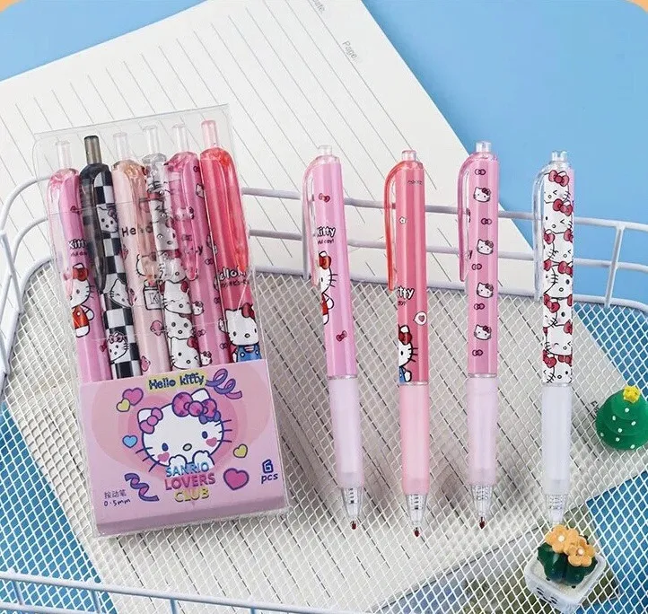 Set De 6 Lápices Tinta Gel Negro Hello Kitty