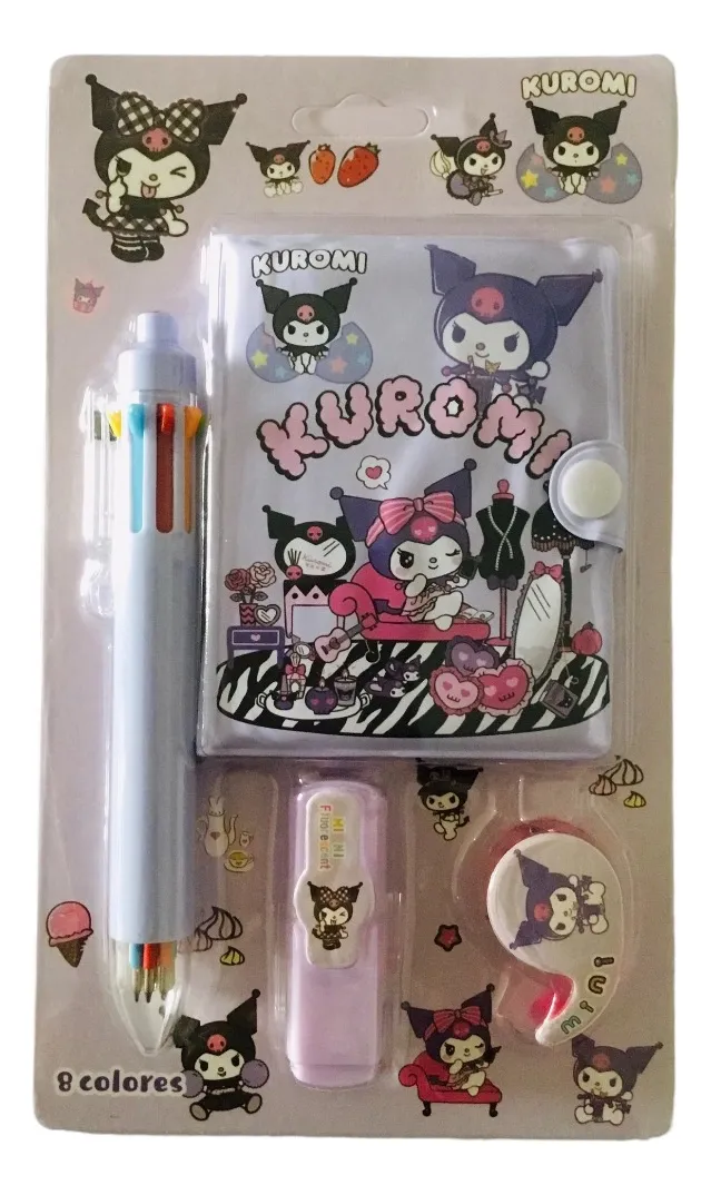 Set Sanrio Libreta + Lápiz Multicolor + Destacador y Porta Scotch
