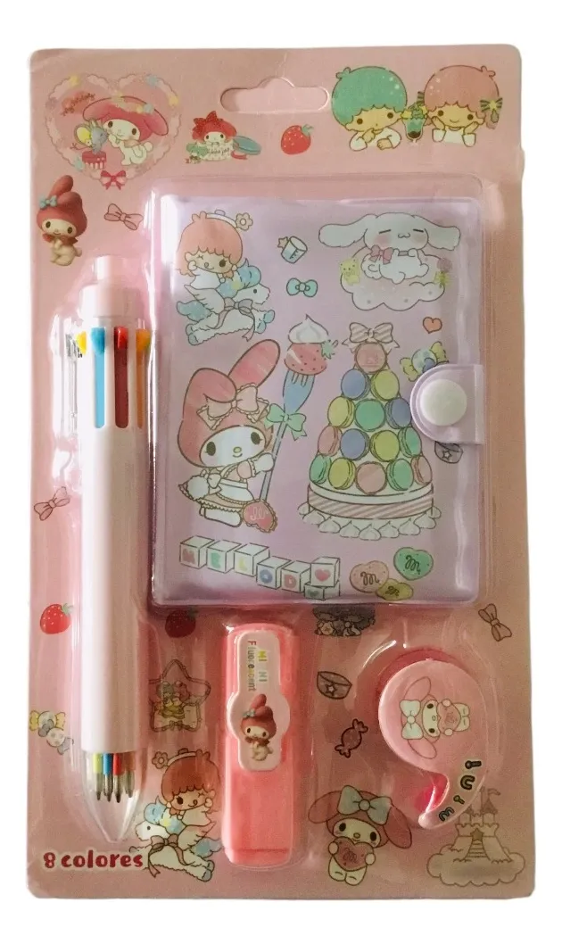 Set Sanrio Libreta + Lápiz Multicolor + Destacador y Porta Scotch