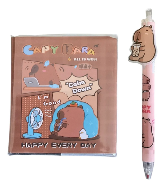 Set Libreta Pequeña Capibara 140 Hojas con Lápiz Gel (Varios diseños)