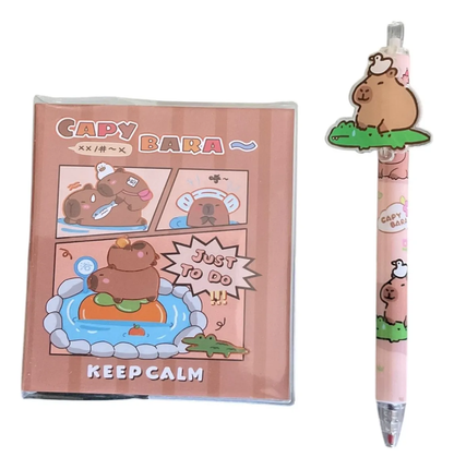 Set Libreta Pequeña Capibara 140 Hojas con Lápiz Gel (Varios diseños)