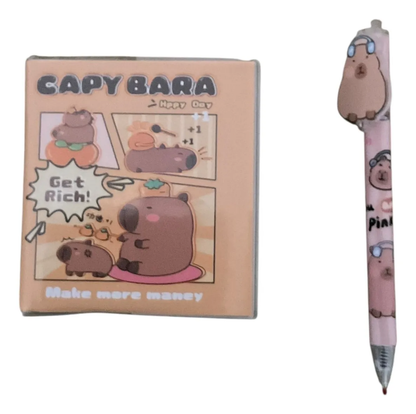 Set Libreta Pequeña Capibara 140 Hojas con Lápiz Gel (Varios diseños)