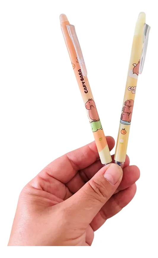 Set De 2 Lapices Capibara Tinta Gel Azúl Borrables