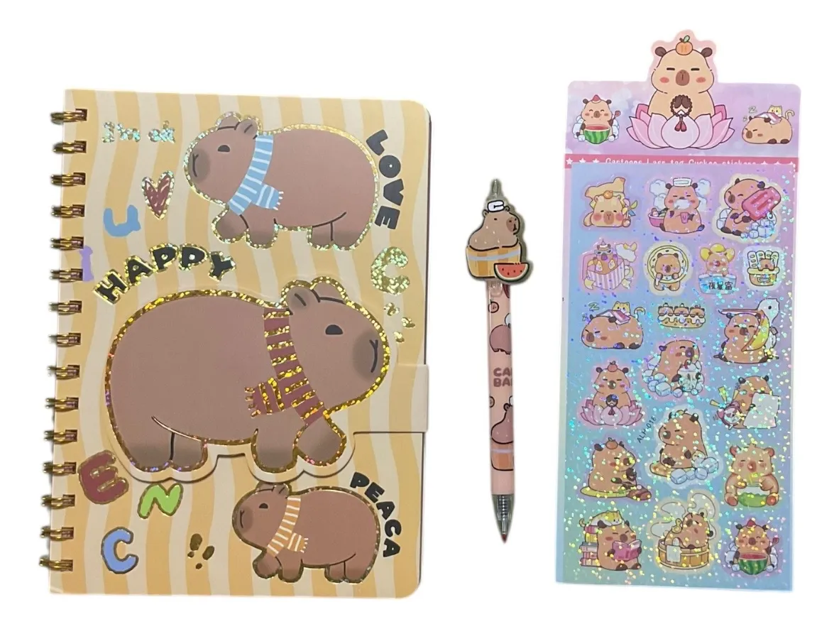 Set Libreta + Lápiz y Stickers Capibara
