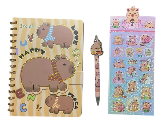 Set Libreta + Lápiz y Stickers Capibara