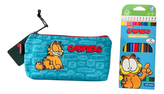 Estuche Escolar Más 12 Lápices De Colores Garfield
