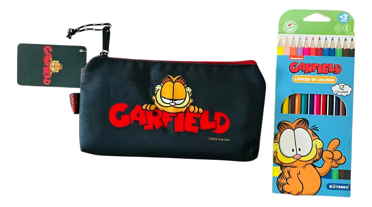 Estuche Escolar Más 12 Lápices De Colores Garfield