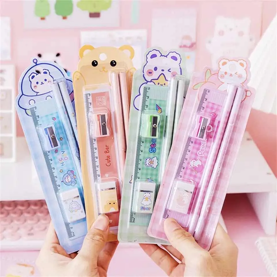 Set Escolar de Escritorio Kawaii 5 Piezas (Lápices, Regla Y Goma)