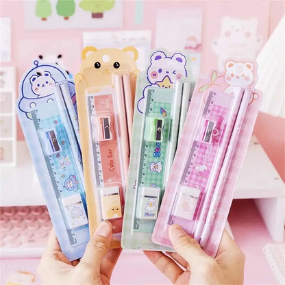 Set Escolar de Escritorio Kawaii 5 Piezas (Lápices, Regla Y Goma)