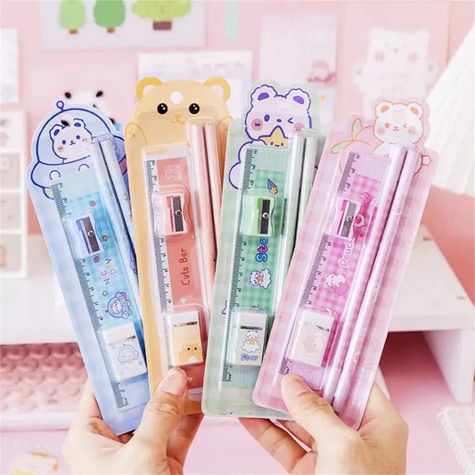 Set Escolar de Escritorio Kawaii 5 Piezas (Lápices, Regla Y Goma)