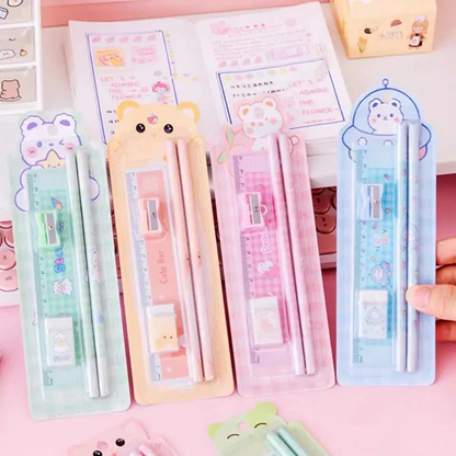 Set Escolar de Escritorio Kawaii 5 Piezas (Lápices, Regla Y Goma)