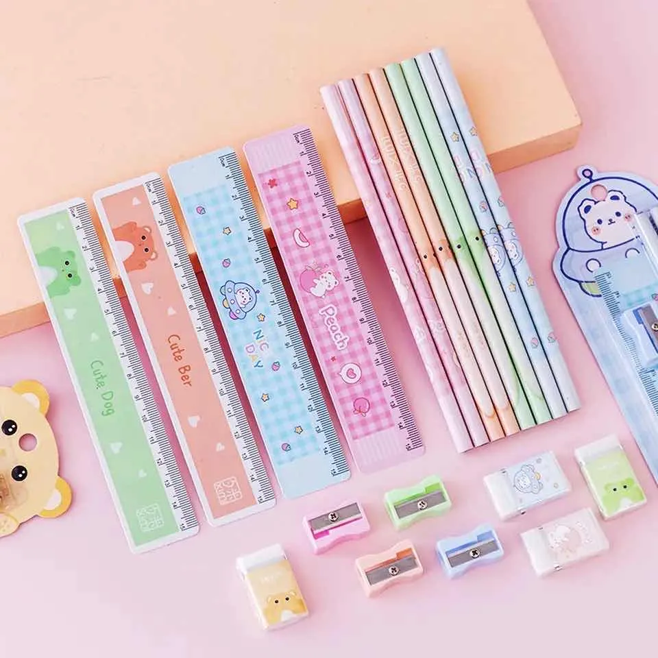 Set Escolar de Escritorio Kawaii 5 Piezas (Lápices, Regla Y Goma)