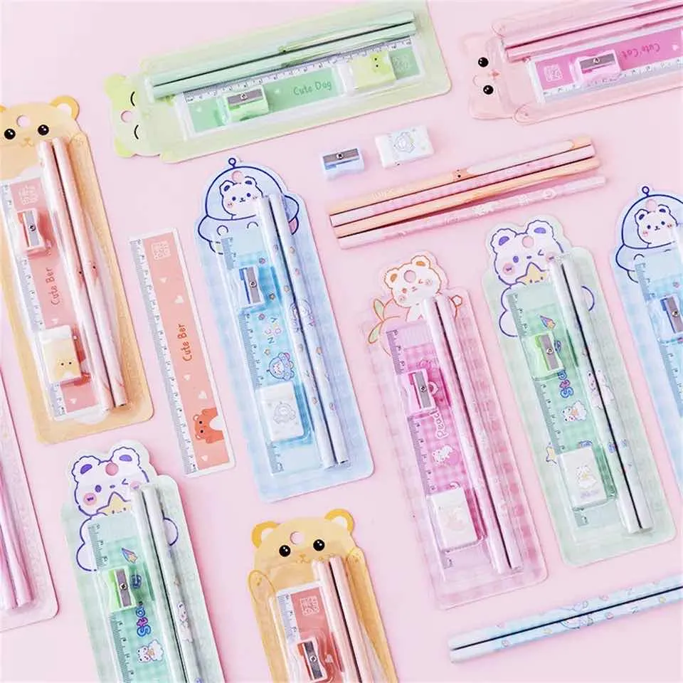 Set Escolar de Escritorio Kawaii 5 Piezas (Lápices, Regla Y Goma)
