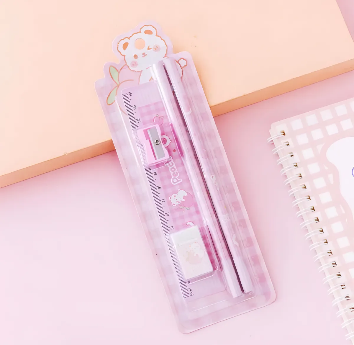 Set Escolar de Escritorio Kawaii 5 Piezas (Lápices, Regla Y Goma)