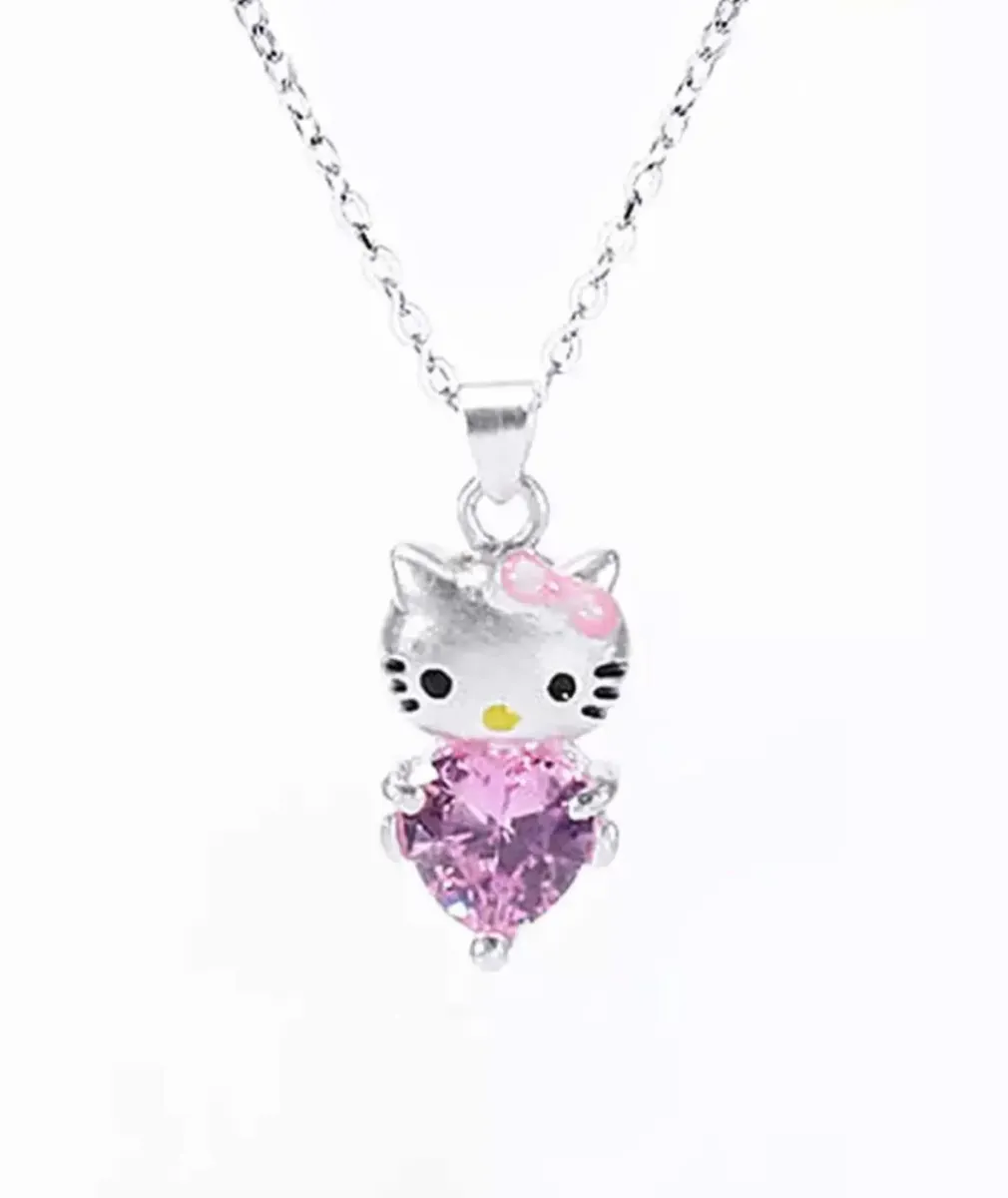 Collar Hello Kitty Corazón Bañado en Plata con Circón