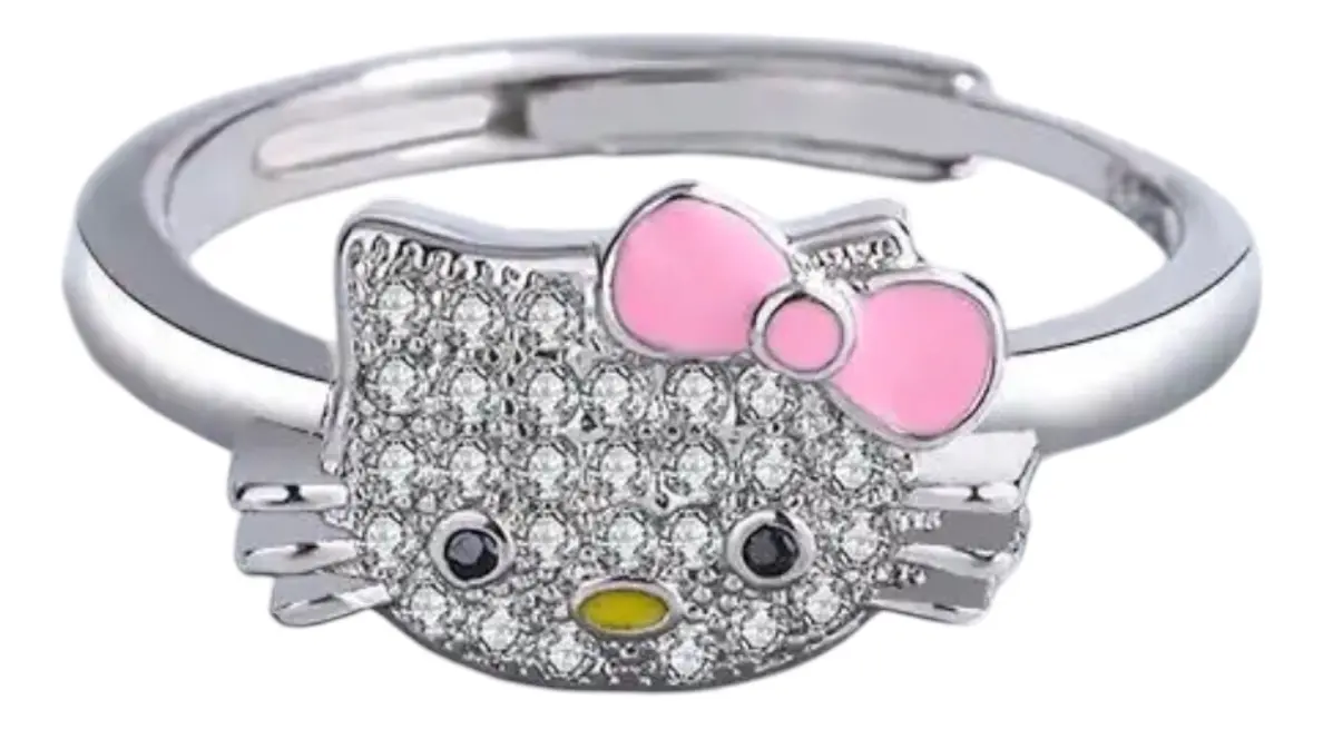Anillo Ajustable Hello Kitty de Plata con Circonita