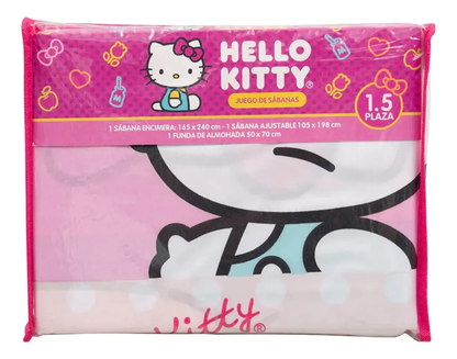 Juego de Sábanas Hello Kitty Sanrio 1.5 Plazas con Funda de Almohada